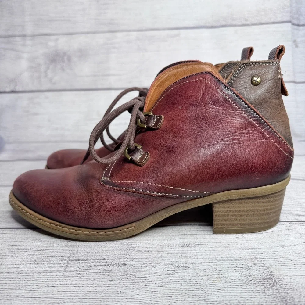 Pikolinos Womens Burgundy Leather Lace‎ Up Ankle Boots Block Heel Spain Size 39